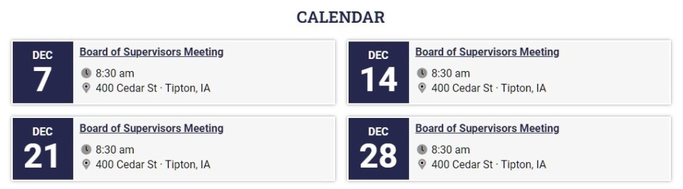 Screenshot of the calendar section of the homepage of the Cedar County, Iowa, website.
